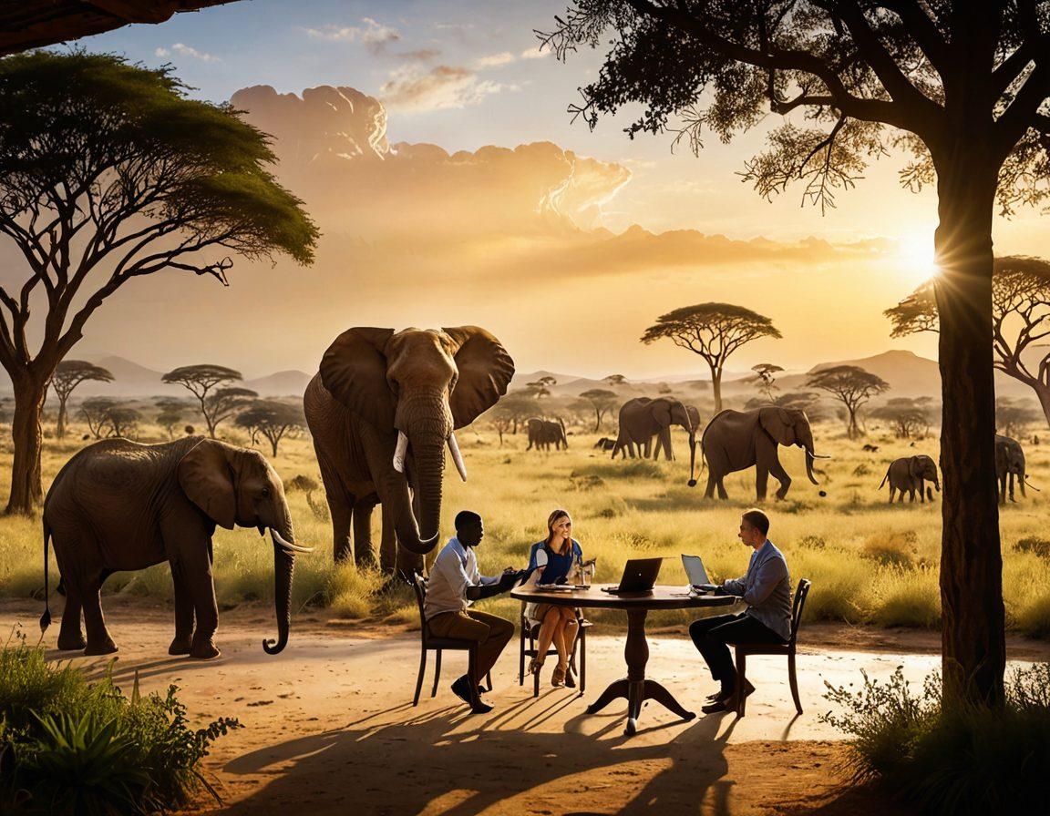 A vibrant scene depicting a dynamic blog workshop set against the stunning backdrop of the Serengeti, showcasing diverse participants brainstorming ideas. Lush green landscapes merge with digital elements like laptops and creative tools, symbolizing the fusion of nature and technology. Warm sunlight casts soft shadows, emphasizing a sense of inspiration and collaboration. Wildlife such as elephants and giraffes subtly grace the scene, enhancing the enchanting atmosphere. surreal art, vibrant colors, 3D.
