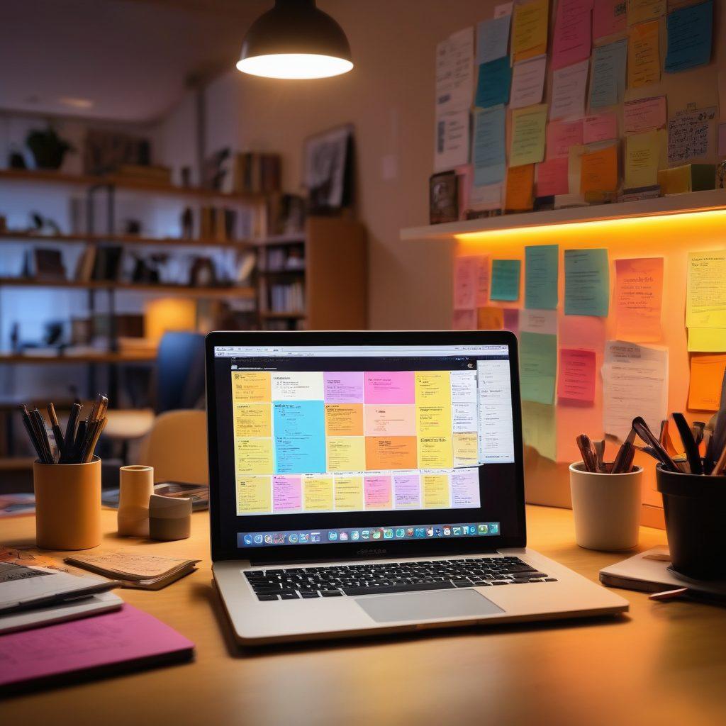 A visually captivating workspace with an open laptop displaying diverse multimedia content, surrounded by colorful sticky notes and creative tools. Include a bookshelf stacked with books on content management and digital media. A glowing lightbulb hangs above symbolizing ideas and innovation. Incorporate elements of writing and technology, like a pen and a camera. vibrant colors. modern illustration.