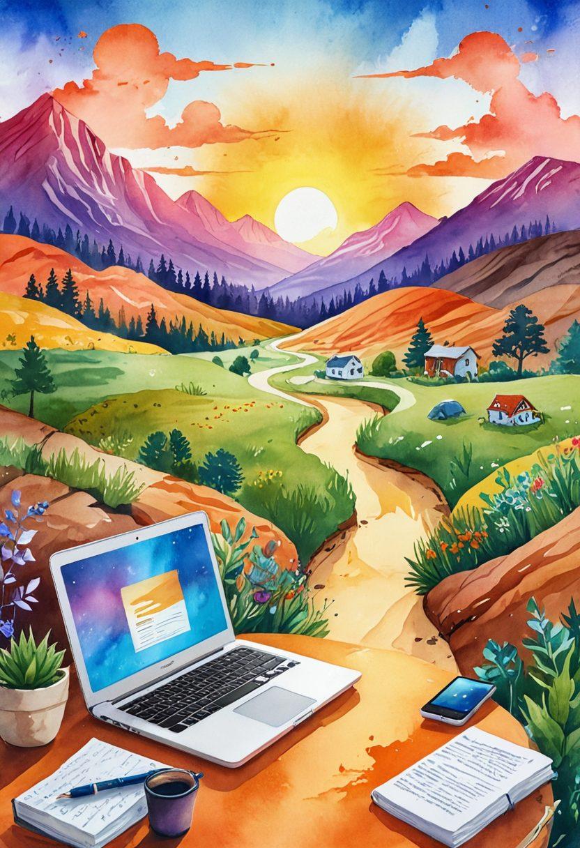 A vibrant and expansive landscape representing the blogging ecosystem, featuring a winding path leading through diverse terrain, with elements like a computer, a notebook, and social media icons scattered along the way. In the background, a sunrise symbolizes new beginnings and creativity. The scene is bustling with various characters actively engaging in blogging activities, illustrating the community aspect. rich colors. watercolor style. dynamic composition.